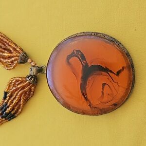 Vintage Costume Jewelry - Amber Like Pendant & Beaded Statement Necklace